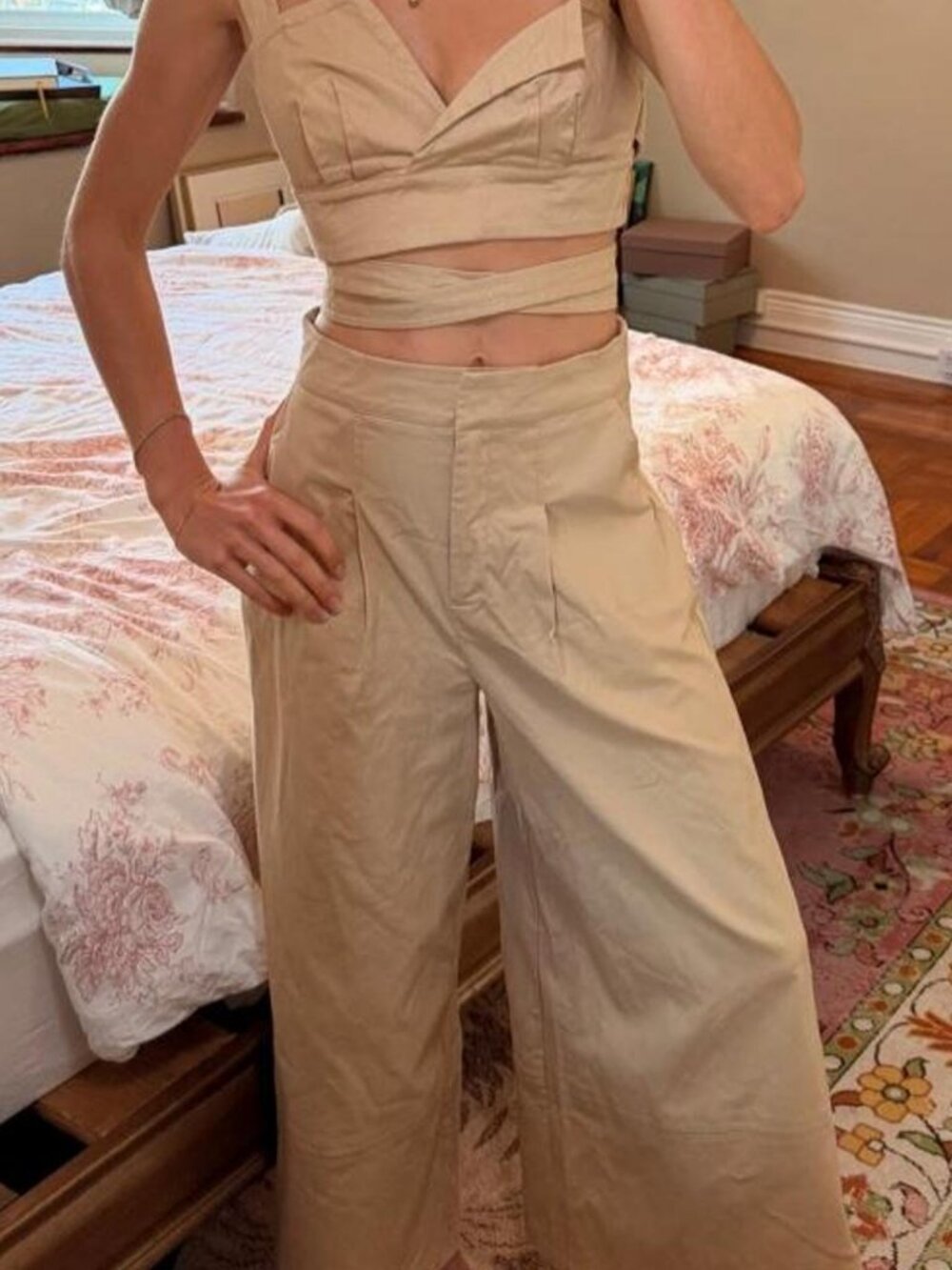 The SICKEST beige matching set with a wrap around crop top that has an